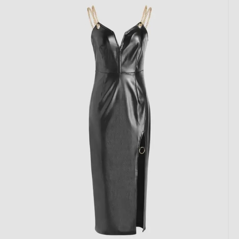 NEW Cider Faux Leather Solid Split Stitch Chain Midi Dress Faux Leather Split